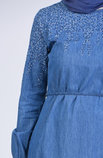 Taş Baskılı Kot Elbise 4122-02 Kot Mavi
