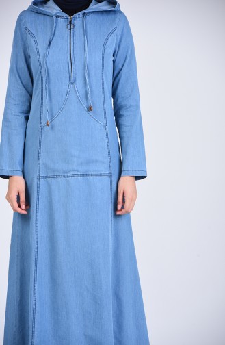 Kapüşonlu Kot Elbise 4129-01 Kot Mavi
