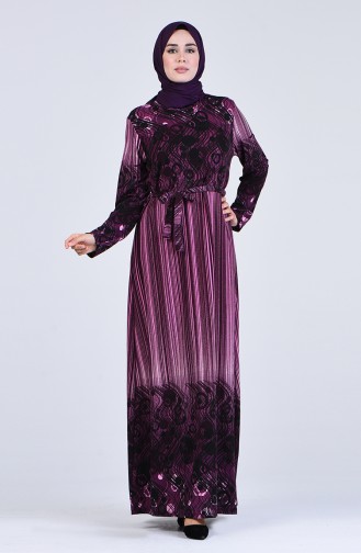 Patterned Belted Dress 5708l-04 Purple 5708L-04