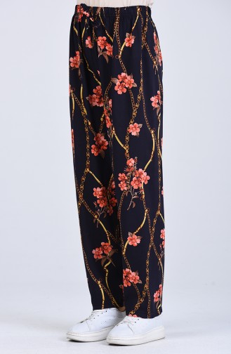 Floral Patterned Viscose Trousers 8068-01 Navy Blue 8068-01