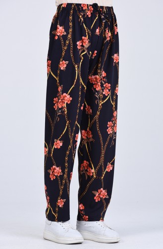 Floral Patterned Viscose Trousers 8068-01 Navy Blue 8068-01