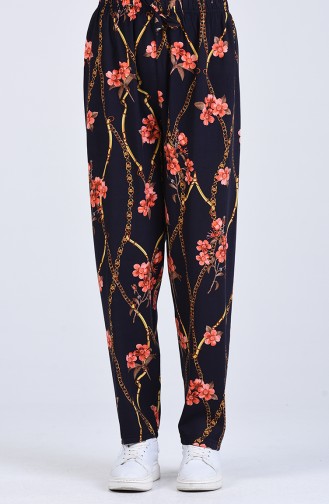 Floral Patterned Viscose Trousers 8068-01 Navy Blue 8068-01