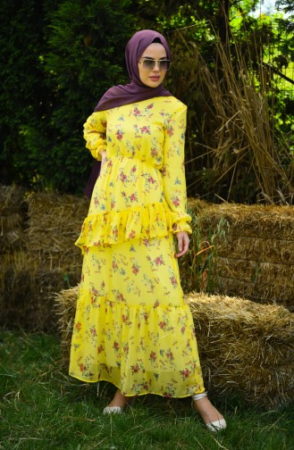 Floral Pattern Chiffon Dress 8221-01 Yellow 8221-01