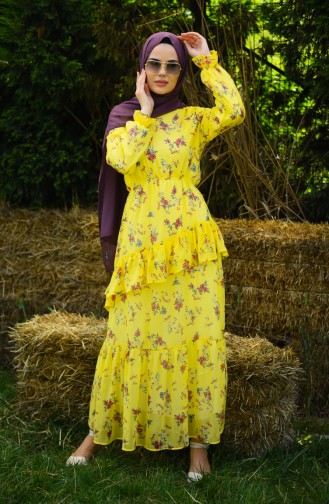 Çiçek Desenli Şifon Elbise 8221-01 Sarı