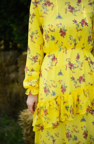 Çiçek Desenli Şifon Elbise 8221-01 Sarı