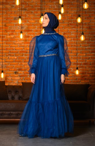 Stoned Tulle Evening Dress 4805-05 Indigo 4805-05