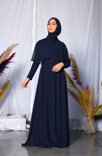 Spitzen Detailiertes Abendkleid 6059-01 Dunkelblau 6059-01