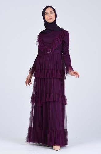 Belted Ruffled Evening Dress 12024-02 Purple 12024-02