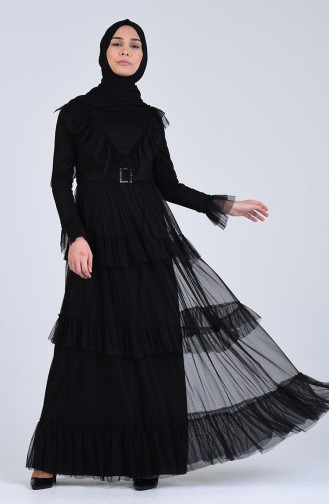 Belted Ruffled Evening Dress 12024-05 Black 12024-05