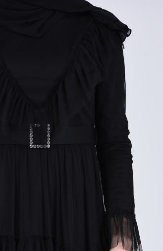 Belted Ruffled Evening Dress 12024-05 Black 12024-05