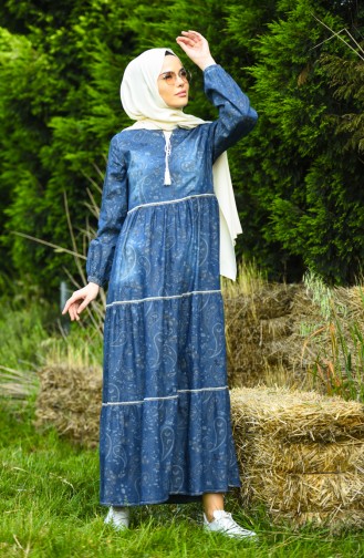 Kendinden Desenli Kot Elbise 5083-02 Lacivert