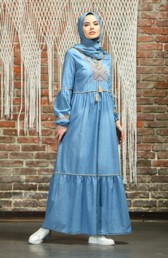 Jeansblau Hijab Kleider 8011-02