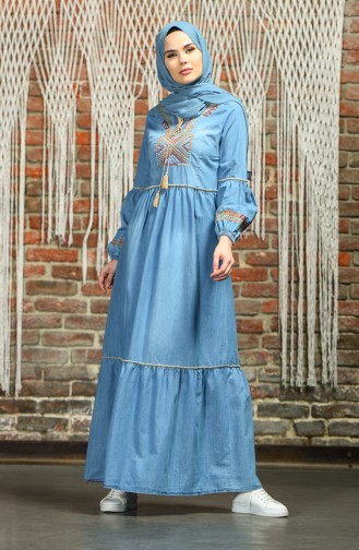 Nakışlı Kot Elbise 8011-02 Kot Mavi