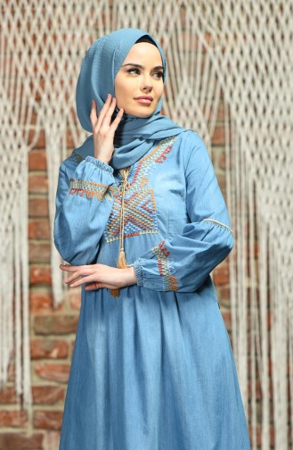 Nakışlı Kot Elbise 8011-02 Kot Mavi