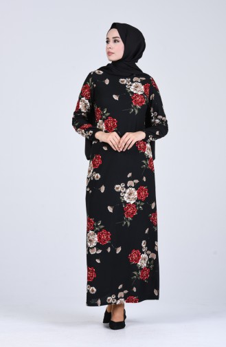 Çiçek Desenli Elbise 8871-01 Siyah