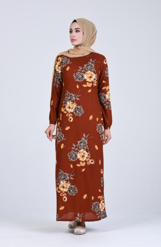 Çiçek Desenli Elbise 8871-02 Kiremit