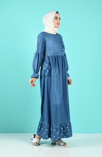 Jeansblau Hijab Kleider 8054B-01