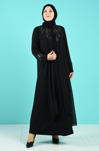 Plus Size Stone Printed Evening Dress 1269-01 Black 1269-01