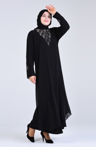 Plus Size Stone Printed Evening Dress 1267-04 Black 1267-04