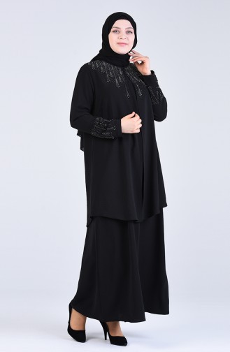 Plus Size Stone Printed Evening Dress 1306-01 Black 1306-01