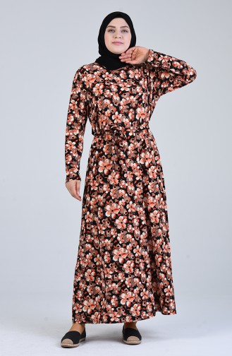 Büyük Beden Desenli Kuşaklı Elbise 4556F-01 Kiremit