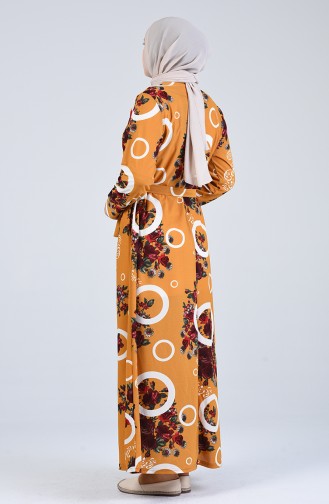 Büyük Beden Desenli Kuşaklı Elbise 4556G-03 Hardal