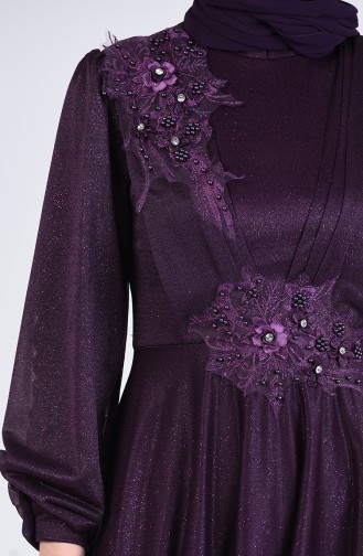 Pearl Tulle Evening Dress 1123-03 Purple 1123-03