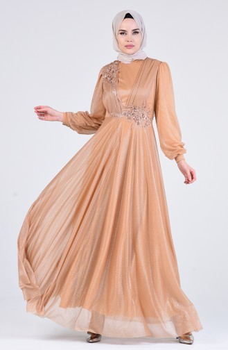 Pearl Tulle Evening Dress 1123-04 Caramel 1123-04