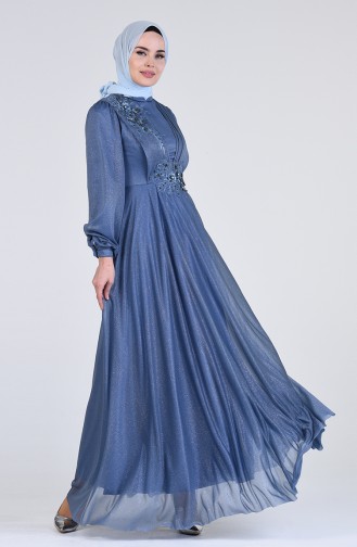 Pearl Tulle Evening Dress 1123-05 Indigo 1123-05