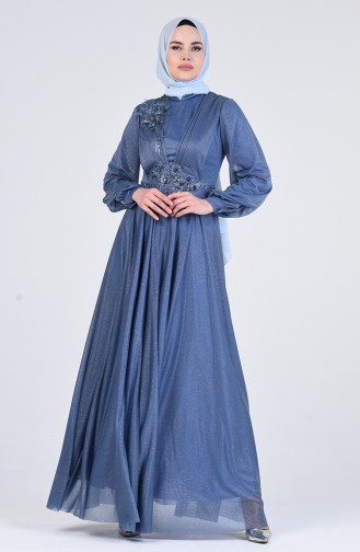 Pearl Tulle Evening Dress 1123-05 Indigo 1123-05