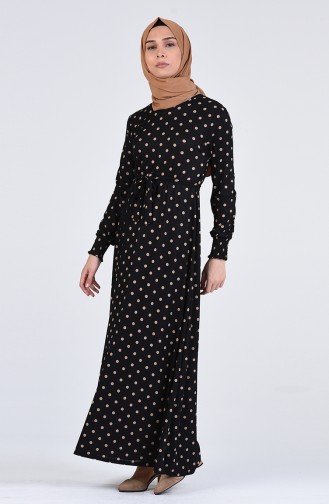 Puantiyeli Kuşaklı Elbise 1022-02 Siyah Bej
