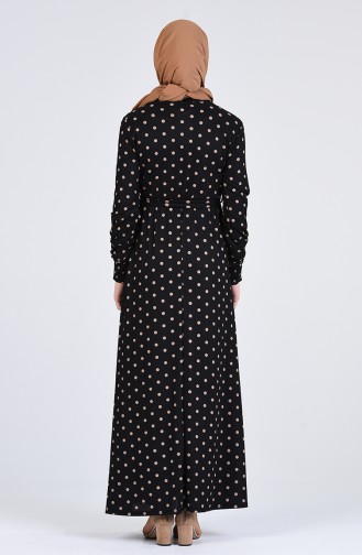 Puantiyeli Kuşaklı Elbise 1022-02 Siyah Bej