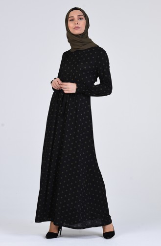 Puantiyeli Kuşaklı Elbise 1022-04 Siyah Haki