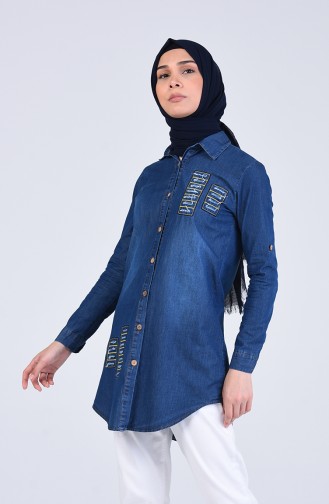 Düğmeli Kot Tunik 3018-01 Lacivert