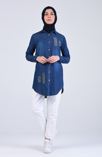 Düğmeli Kot Tunik 3018-01 Lacivert