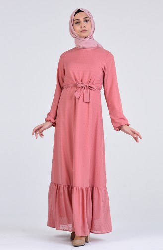 Elastic Sleeve Belted Dress 7664-01 Dried Rose 7664-01