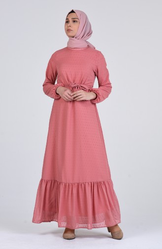 Elastic Sleeve Belted Dress 7664-01 Dried Rose 7664-01