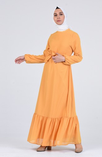 Elastic Sleeve Belted Dress 7664-03 Mustard 7664-03