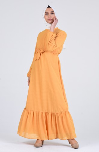 Elastic Sleeve Belted Dress 7664-03 Mustard 7664-03
