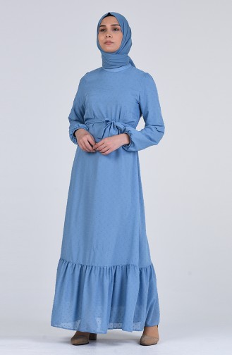 Elastic Sleeve Belted Dress 7664-04 Indigo 7664-04