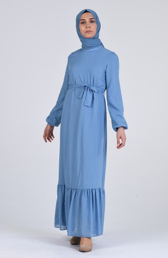 Elastic Sleeve Belted Dress 7664-04 Indigo 7664-04