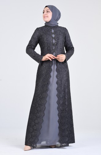 Anthracite Hijab Evening Dress 1319-01