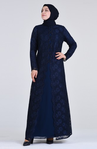 Plus Size Lace Covering Evening Dress 1319-03 Navy Blue 1319-03