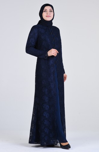 Plus Size Lace Covering Evening Dress 1319-03 Navy Blue 1319-03