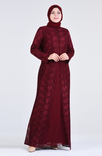 Plus Size Lace Covering Evening Dress 1319-04 Burgundy 1319-04
