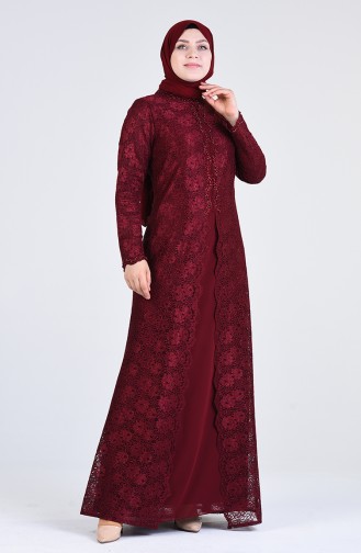 Plus Size Lace Covering Evening Dress 1319-04 Burgundy 1319-04