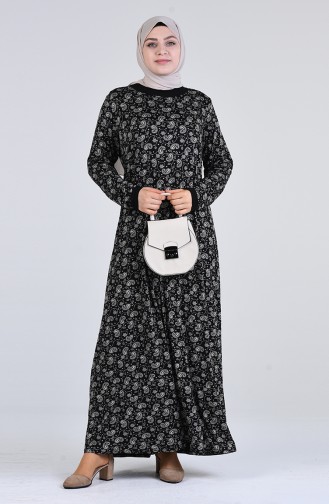 Büyük Beden Desenli Kuşaklı Elbise 4550D-02 Siyah