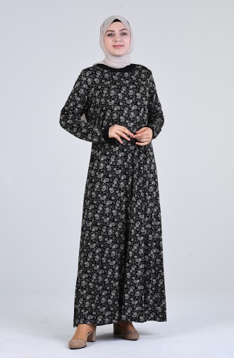 Büyük Beden Desenli Kuşaklı Elbise 4550D-02 Siyah