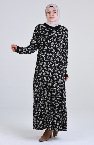Büyük Beden Desenli Kuşaklı Elbise 4550E-01 Siyah