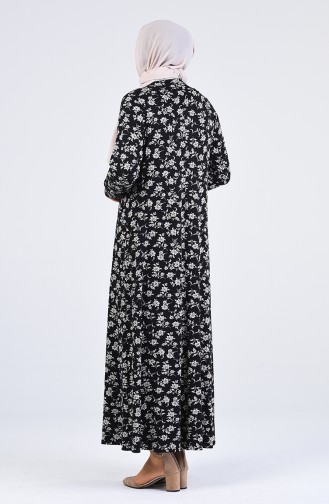 Büyük Beden Desenli Kuşaklı Elbise 4550E-01 Siyah